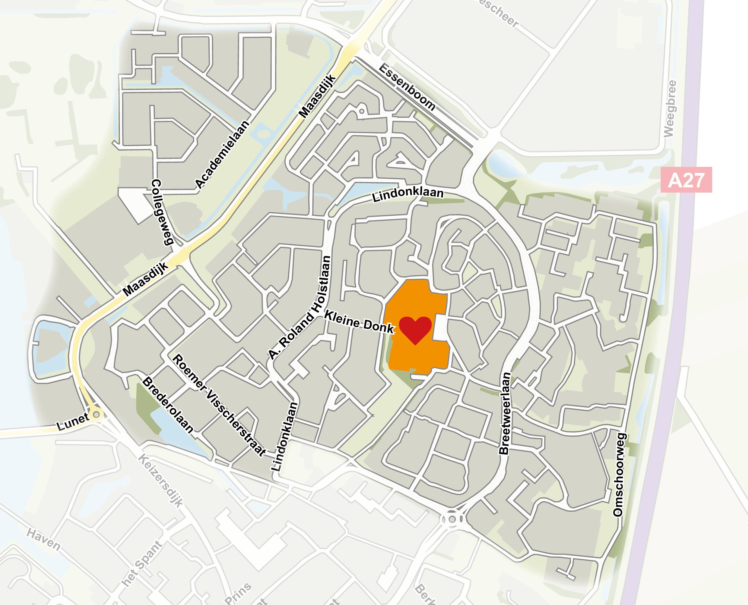 Wijkkaart Raamsdonksveer-Noord. In het midden ligt het gebied waar de nieuwe school komt. Dit is aangegeven in oranje met een rood hartje