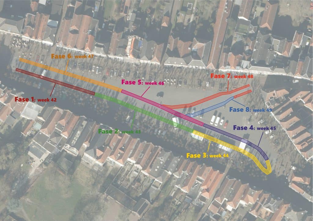 Op deze kaart ziet u wanneer de fases van het project plaatsvinden en waar. Onder de afbeelding hebben we dit ook tekstueel uitgeschreven.