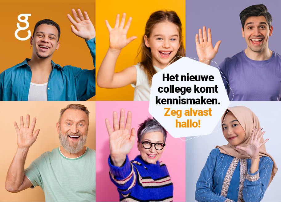 Kaartje met zwaaiende mensen met als titel: Het college komt kennismaken. Zeg alvast hallo!